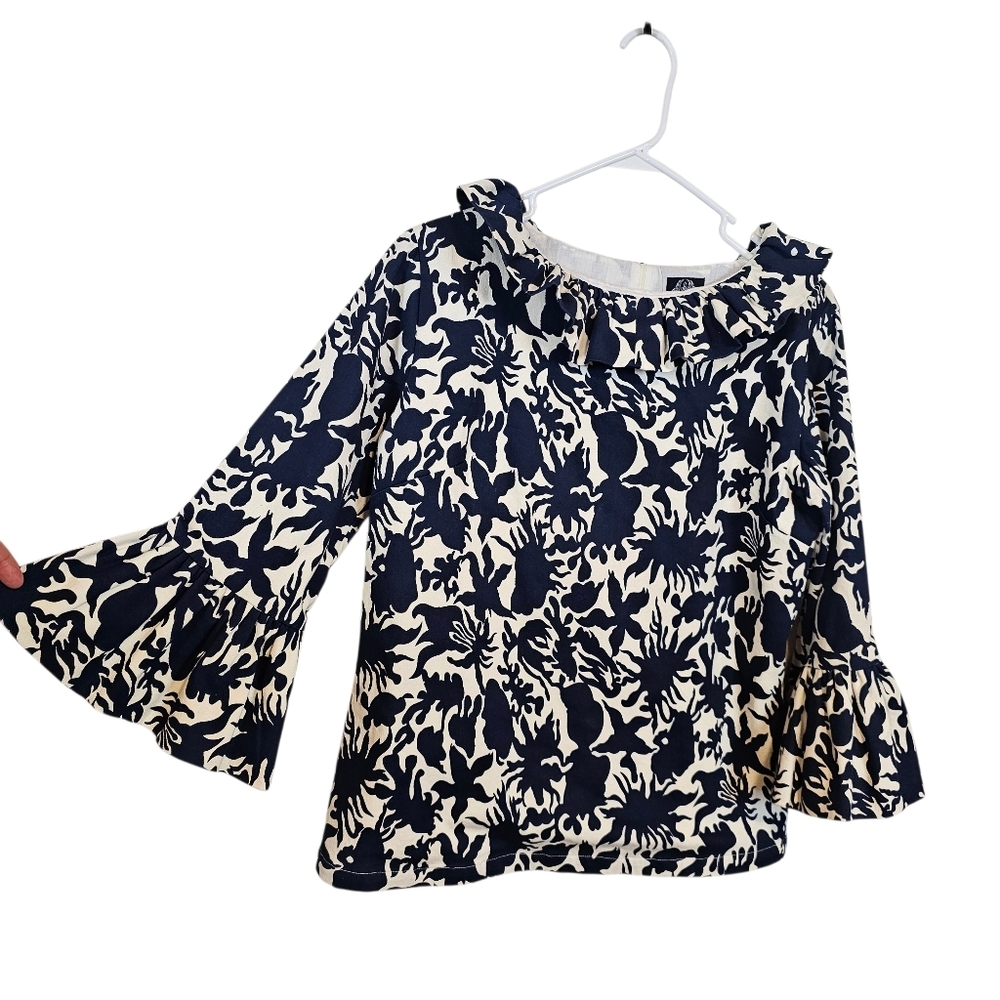Elizabeth Wilson Floral Abstract Ruffle Neck Bell Sleeve Blouse Top